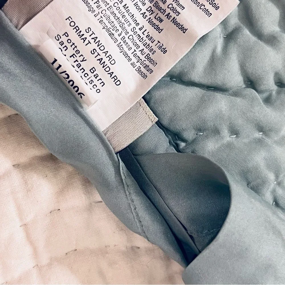 Pottery Barn SILK Standard Sham Quilted Blue Cream Tie Ribbon Closure